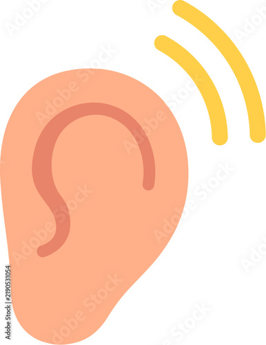 Ear and hearing icon with sound lines. Simple, minimal flat cartoon vector illustration.