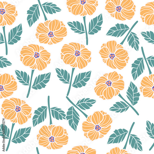 coquette seamless orange flowers pattern. Delicate petals and vibrant blossoms create an artistic and vintage botanical illustration. Perfect for wallpaper, fabric, wrapping paper and more.