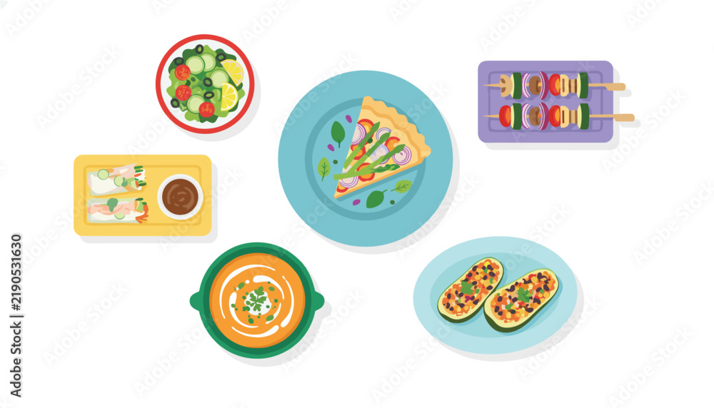 Fototapeta premium Flat lay collection of healthy vegetarian dishes including fresh salad vegetable soup stuffed zucchini and colorful kebabs.