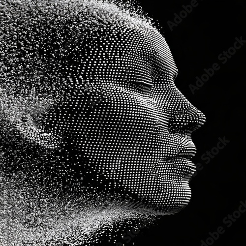 A black and white abstract digital artwork featuring the profile of a human head, rendered as a three dimensional grid of white dots