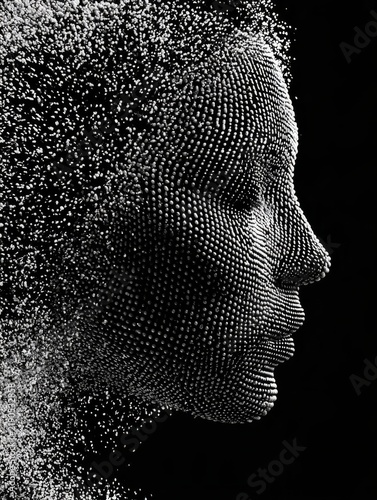 A black and white abstract digital artwork featuring the profile of a human head, rendered as a three dimensional grid of white dots