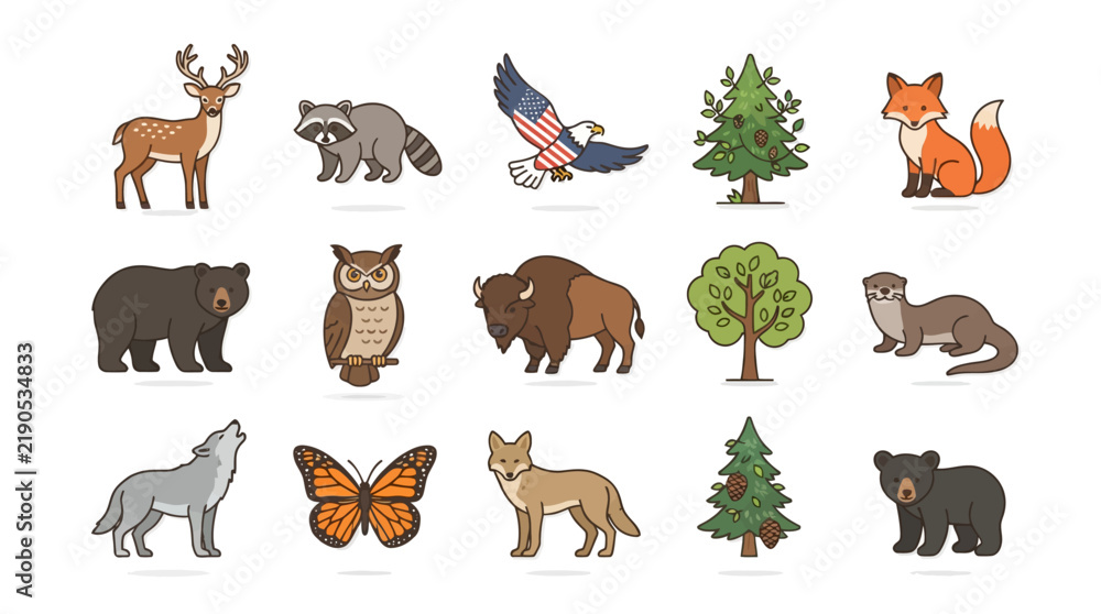 Fototapeta premium Vector icons set of North American wildlife featuring cute forest animals, birds, and trees for design projects