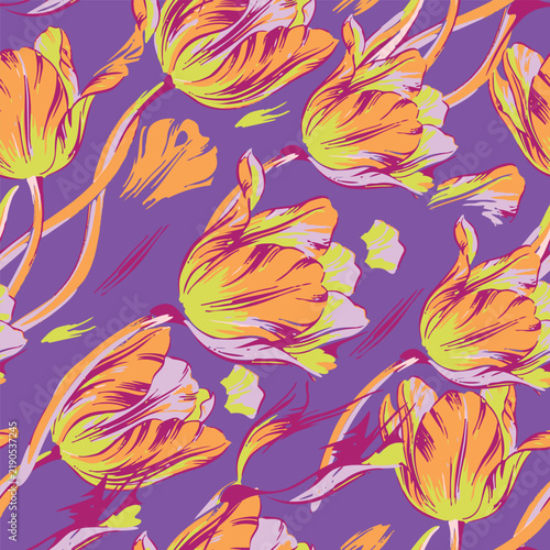 Artistic seamless floral pattern with painted orange tulip flowers, expressive brush strokes, and leaves on purple backdrop. Vector illustration.