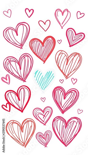 Hand-drawn doodle lines create playful heart shapes, filled with love symbol collection, grunge art, abstract