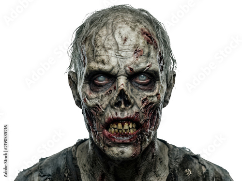 Closeup portrait of a terrifying undead zombie with glowing eyes and decaying skin isolated on transparent background