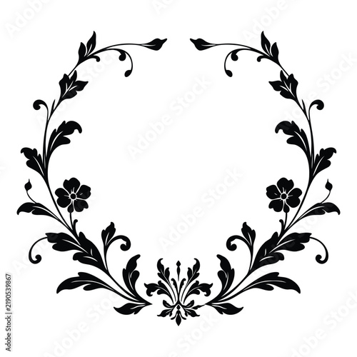 Classic ornamental botanical wreath with detailed flowers, curling foliage and elegant vintage decoration forming a graceful circular frame