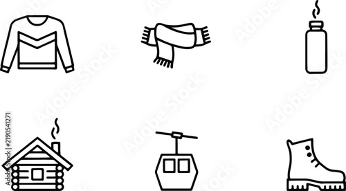 Minimalist Winter Clothes and Ski Resort Accessories Line Icon Set