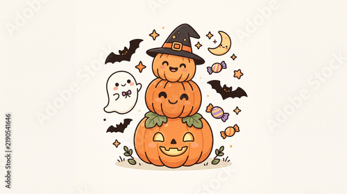 Cute Halloween Pumpkins with Witch Hat Friendly Ghost and Candies Vector Illustration
