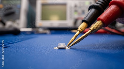 Plakat Technical inspection of tiny surface mount led using precision multimeter probe tip tools.