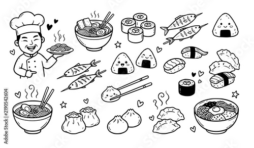 Asian Food Doodle Set With Japanese Chinese Korean Cuisine Chef Sushi Noodles and Onigiri
