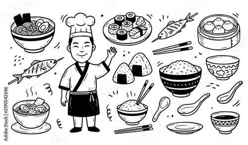 Asian Chef With Japanese Chinese Korean Food Doodle Outline Vector Set