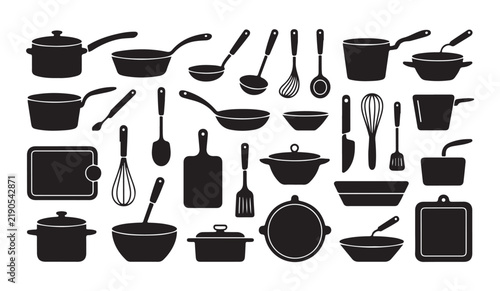 Various cooking pots pans and kitchen utensils black silhouettes for culinary restaurant designs.