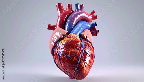 Human heart with detailed vessels and arteries, cardiovascular anatomy and medical education