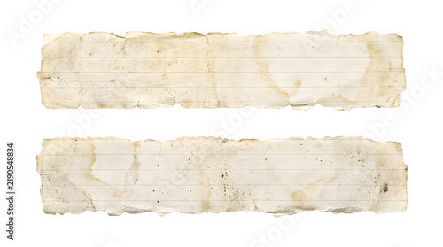 Vintage aged paper strips with coffee stains, weathered antique parchment banners, rustic torn paper texture for scrapbooking