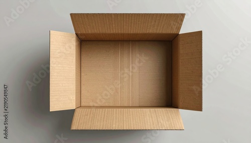Open cardboard box viewed from above, realistic packaging mockup for product presentation