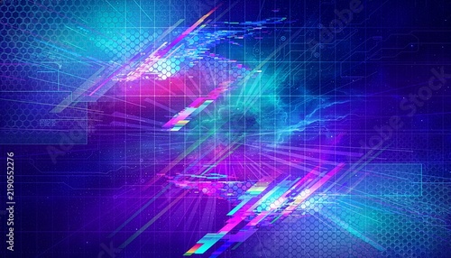 ディープブルーの空間にハニカム模様とデジタルノイズが走る背景　Background with Honeycomb Patterns and Digital Noise in Deep Blue Space