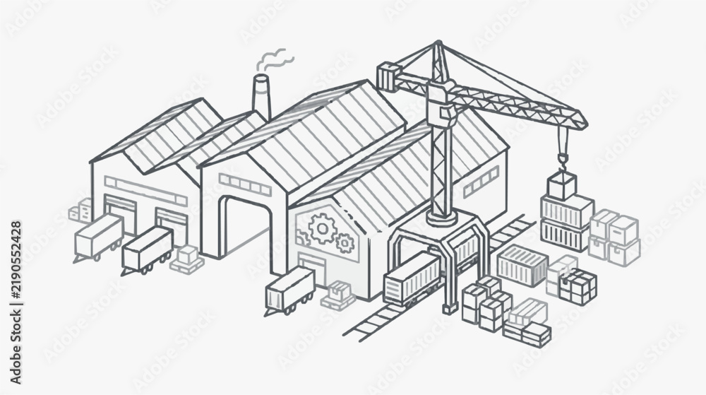 Fototapeta premium Industrial Warehouse Operations with Crane and Shipping Containers