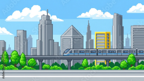 Pixel Art Modern Cityscape with Elevated Train and Blue Sky, Vibrant Pixel Art Urban Skyline with Modern Train and Cloudy Sky