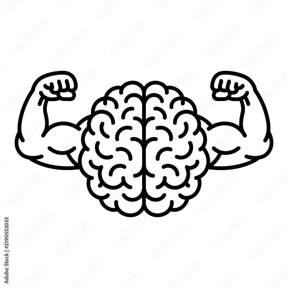 Fototapeta premium Brain flexing strong bicep muscles mental strength concept vector illustration