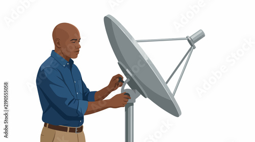 African American Systems Engineer Adjusting Satellite Dish Prop