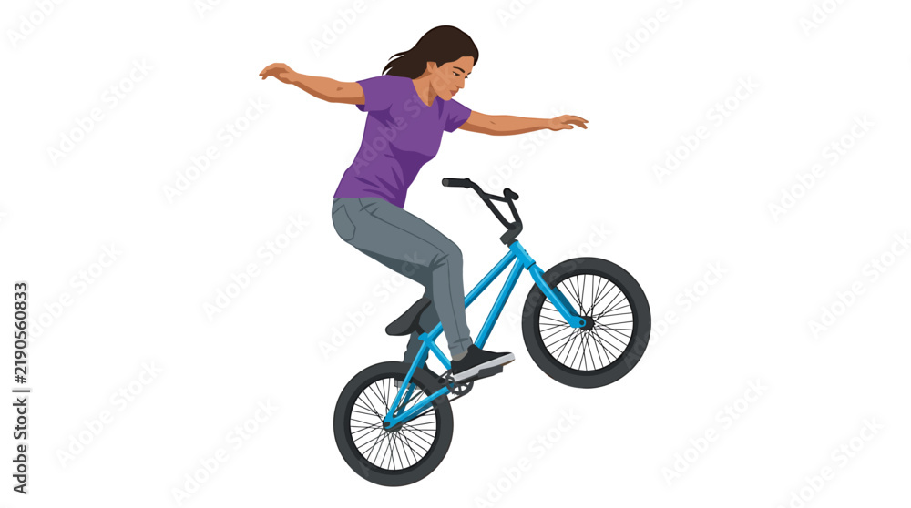 Fototapeta premium Hispanic Female BMX Rider Performing Manual on Blue Bike