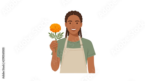 Hispanic Female Herbalist Holding Orange Marigold Flower