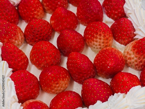 Foto Close-up vibrant red fresh strawberries densely covering the top of a whipped cr