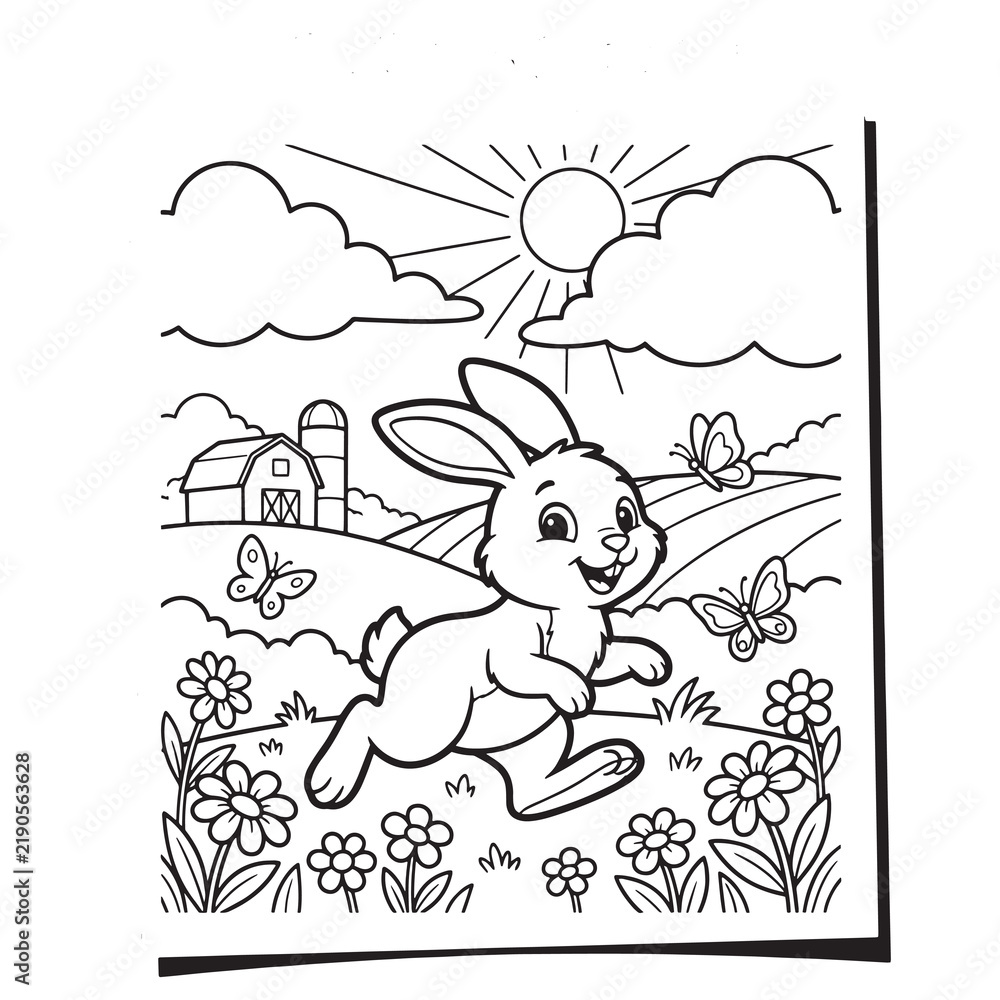 Fototapeta premium Playful Bunny and Butterflies in a Spring Meadow Printable Coloring Sheet