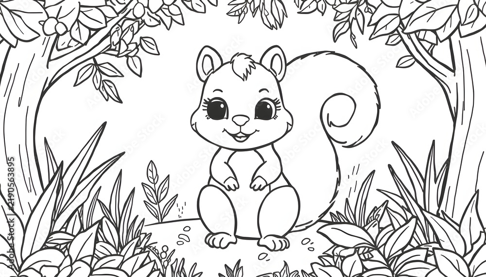 Fototapeta premium Happy cartoon squirrel standing in a sunny forest clearing line art