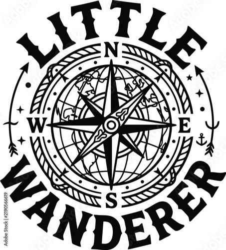 Compass Rose for Little Wanderer: A stylized compass rose graphic design with LITTLE WANDERER text, symbolizing exploration and travel adventures.
