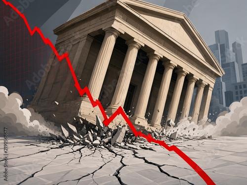 An illustration of a financial crisis: a bank building sinking into cracking ground, representing a market crash.