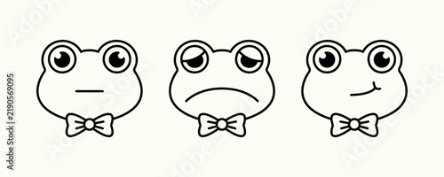 Vector Frog Emoji Outline Icons Set with Bow Tie – Happy, Sad and Neutral Expressions. Vector frog emoji outline editable icons