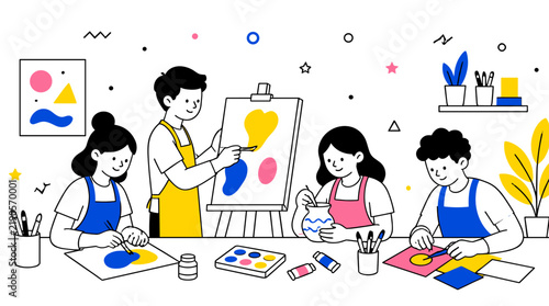Group of young students learning creative painting techniques in art class.