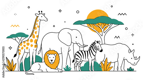 Hand drawn illustration featuring various wild animals from the african savanna landscape.