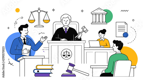 Hand drawn illustration of a courtroom scene with judge and lawyers.