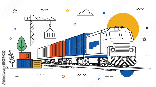 Hand drawn illustration of freight train carrying colorful cargo containers.