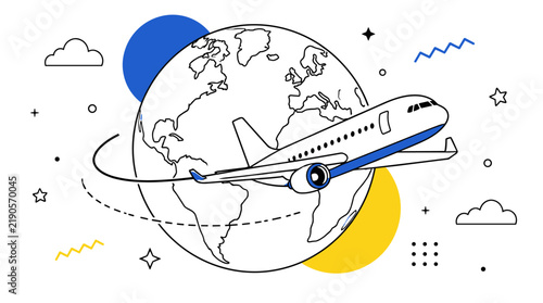 Hand drawn illustration of airplane flying around the globe.