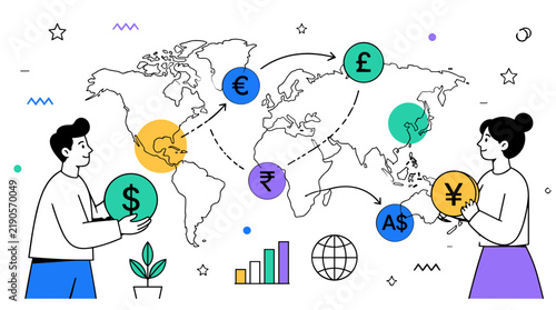 Global financial exchange concept featuring diverse people and international currency symbols.
