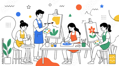 Group of creative students attending an art class workshop.