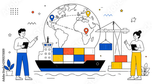 Global logistics management concept with professional workers and cargo shipping operations.