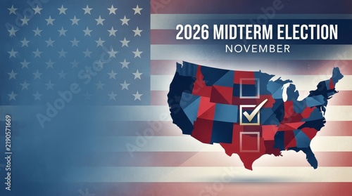 Civic engagement in democracy during 2026 midterm elections featuring ballot box american flag imagery