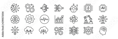 AI technology icon set featuring editable stroke outlines of neural networks, brain, and robotics icons.