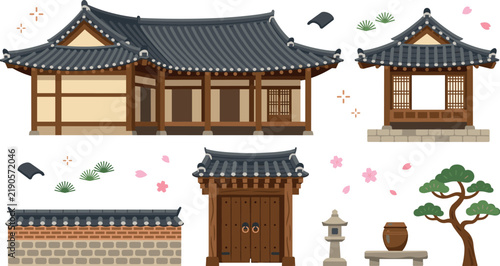 Traditional Korean Hanok Architecture Vector Icon Set Featuring Heritage House, Pavillion, Tiled Roof Gate, Stone Lantern, and Bonsai Pine Tree Details