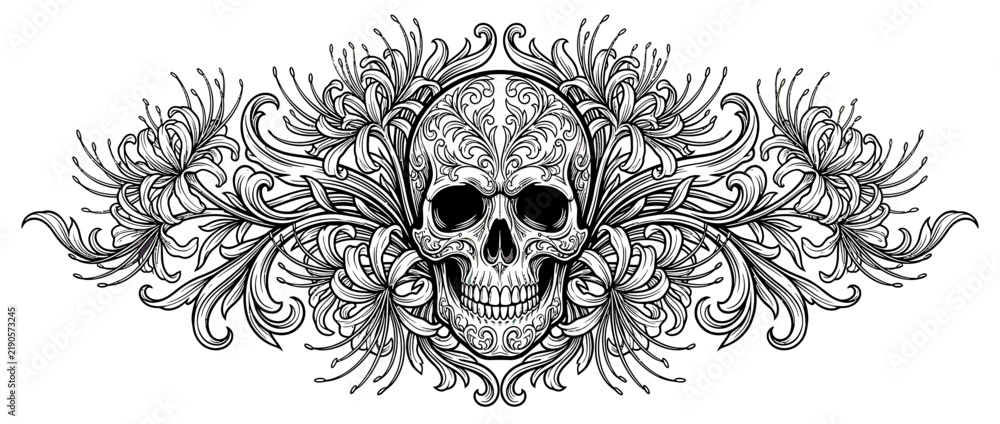 Fototapeta premium Ornate Skull with Floral Garland, Black and White