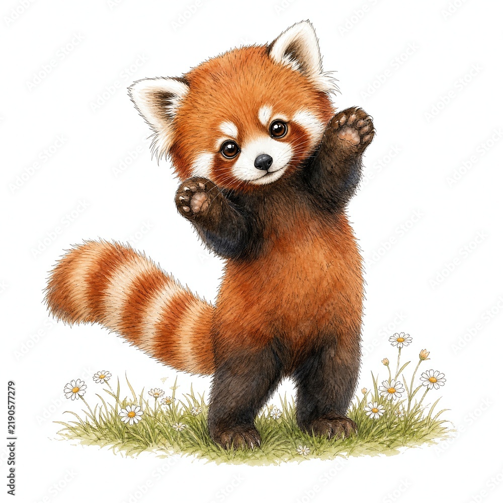 Fototapeta premium Playful Red Panda Cub Standing Up With Paws Raised Watercolor
