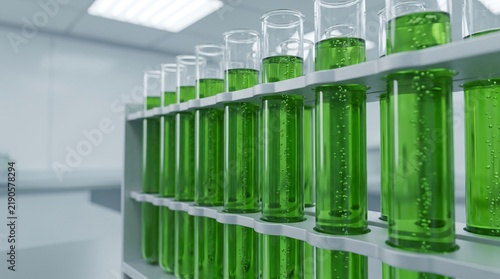 Algae bioreactor with transparent glass tubes filled with bright green liquid and air bubbles on metal rack in clean modern laboratory science biotechnology