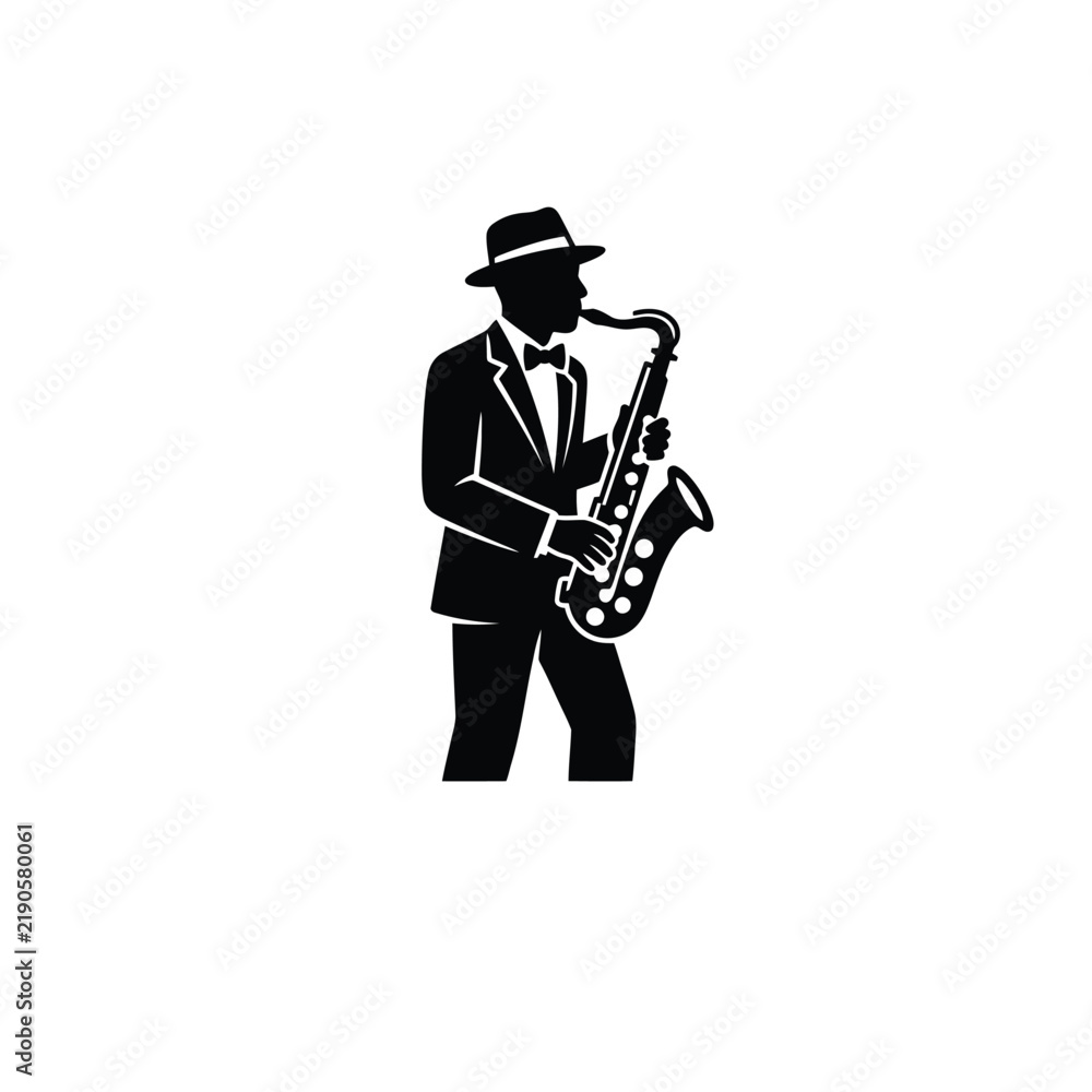 Fototapeta premium Silhouette of a Man Playing the Saxophone in a Suit and Hat.