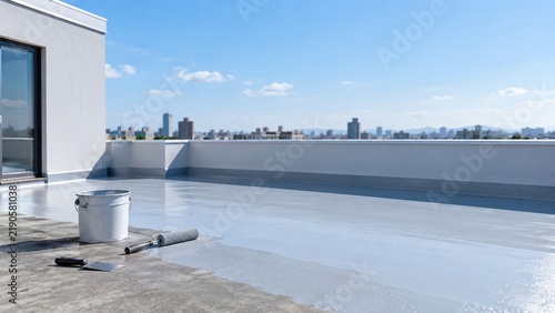 Naklejka 明るい屋上の防水工事と建物メンテナンスのイメージ