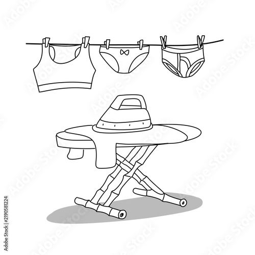 Fotografie ironing desk board with underware clothes hanging on a line art drawing  colorin