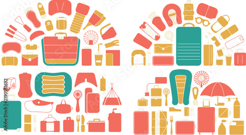 Collection of various travel and vacation essentials including luggage footwear accessories and outdoor equipment in a colorful flat design layout
